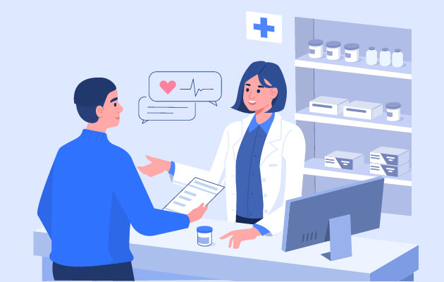 Man Customer Standing near Cashier Desk and Holding Medical Prescription.